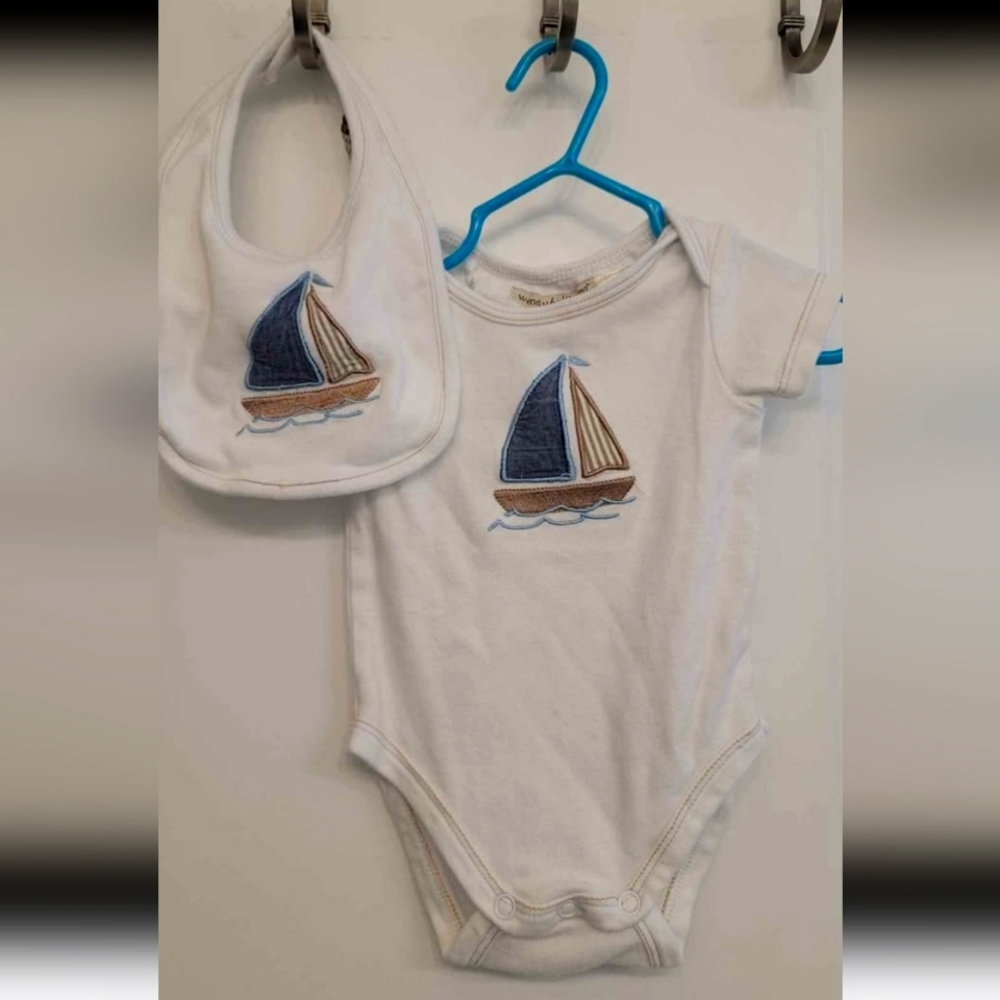 White Onesie and Bib Set with Sailboat Design